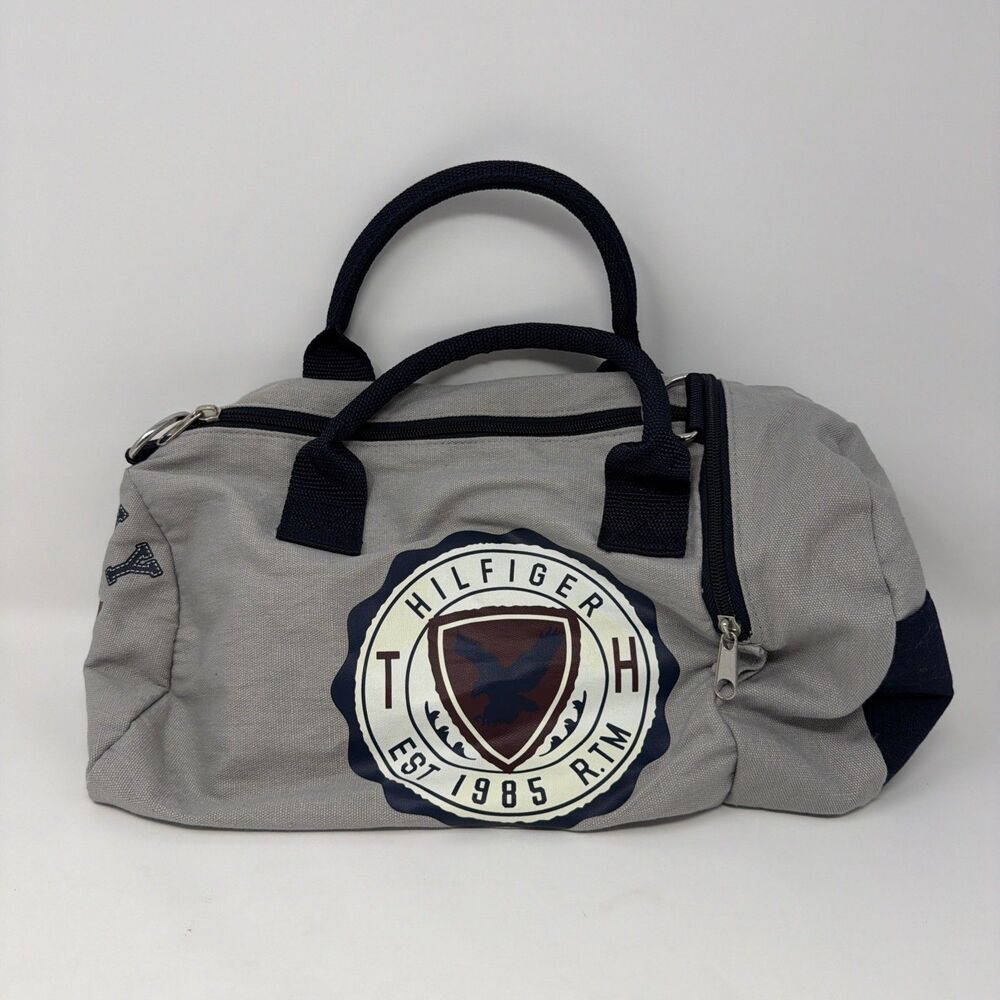 Vintage Tommy Hilfiger Mini Duffle Bag - Grey Canvas, No Shoulder Strap 14x8x6”